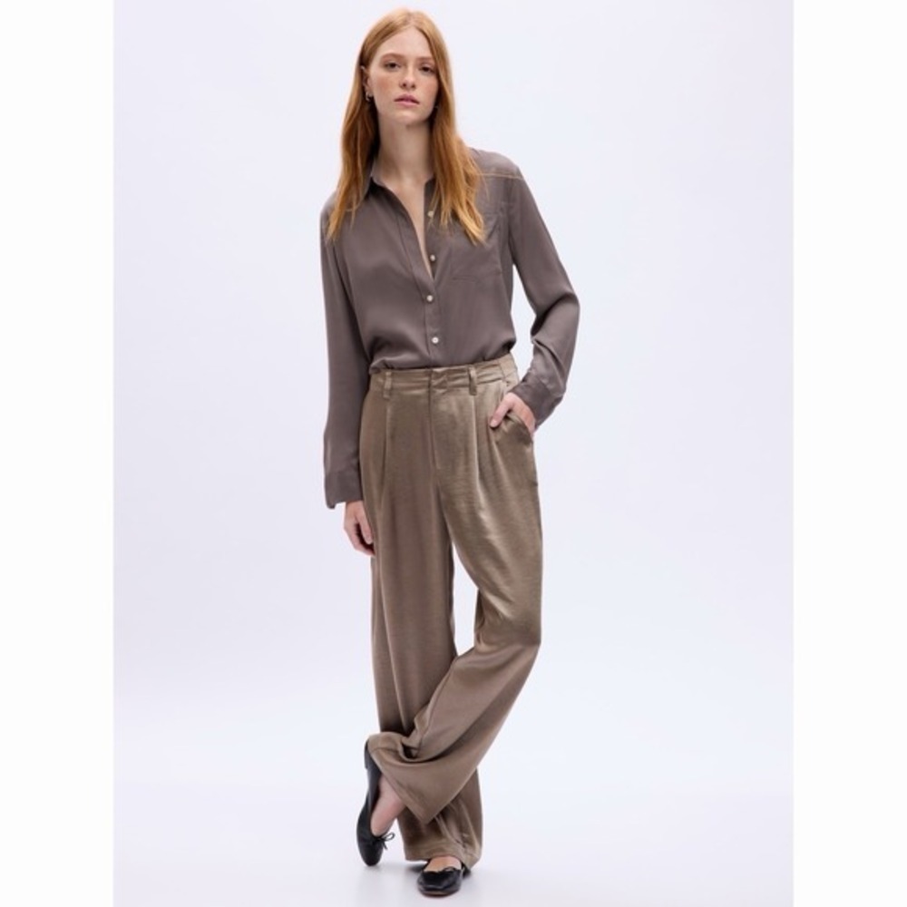 NWT GAP High Rise Pleated Satin Trousers Cashmere Brown Wide Leg Pants‎